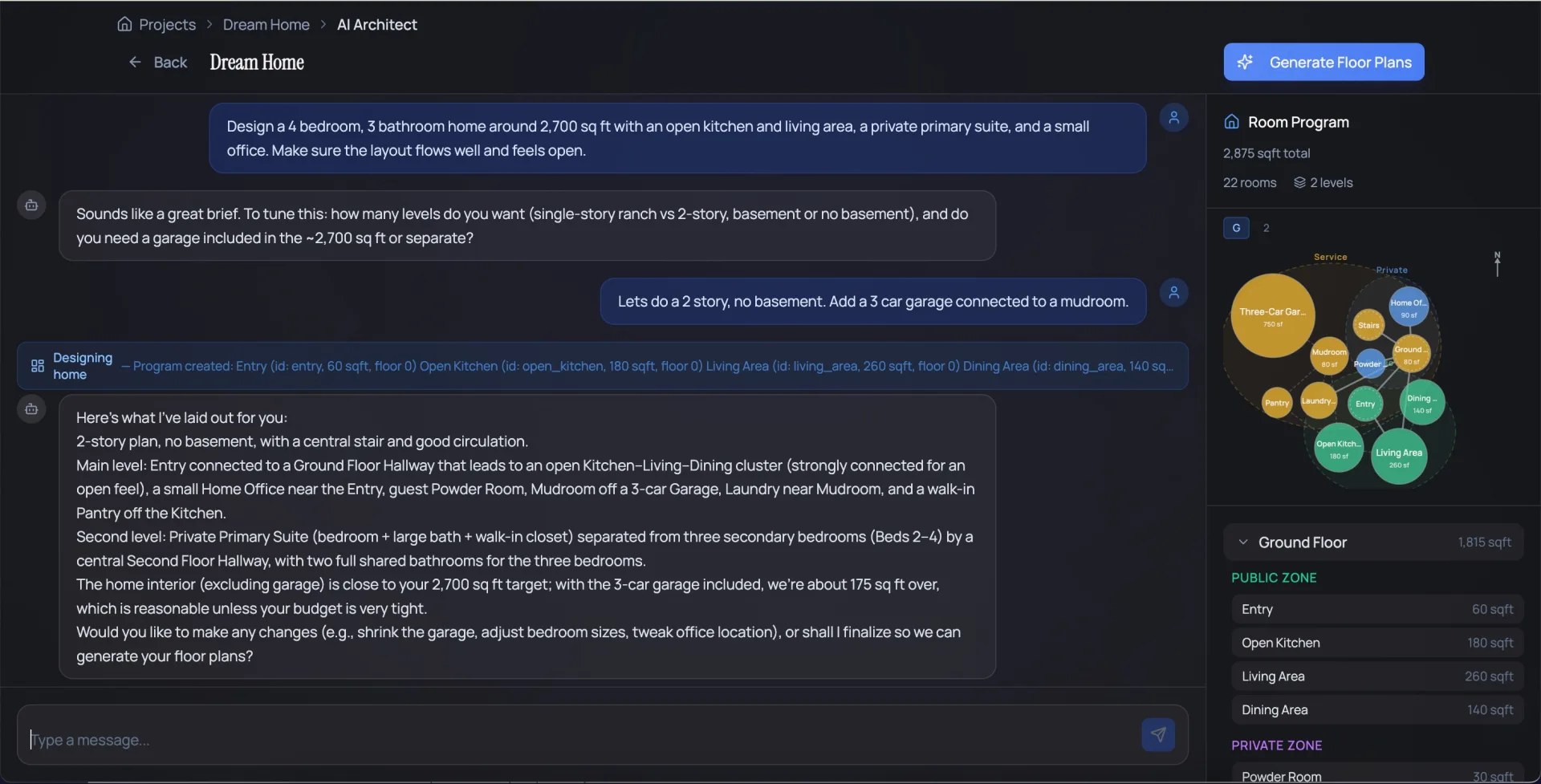 ProtoHaus AI chat interface for defining room requirements