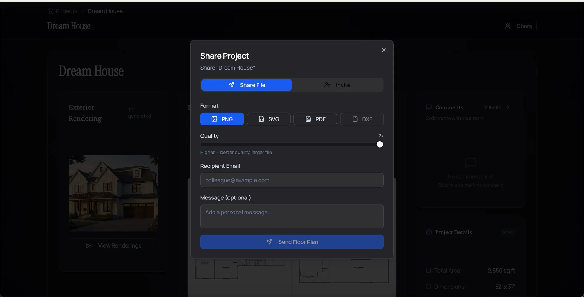 Export dialog showing PNG, PDF, and SVG options